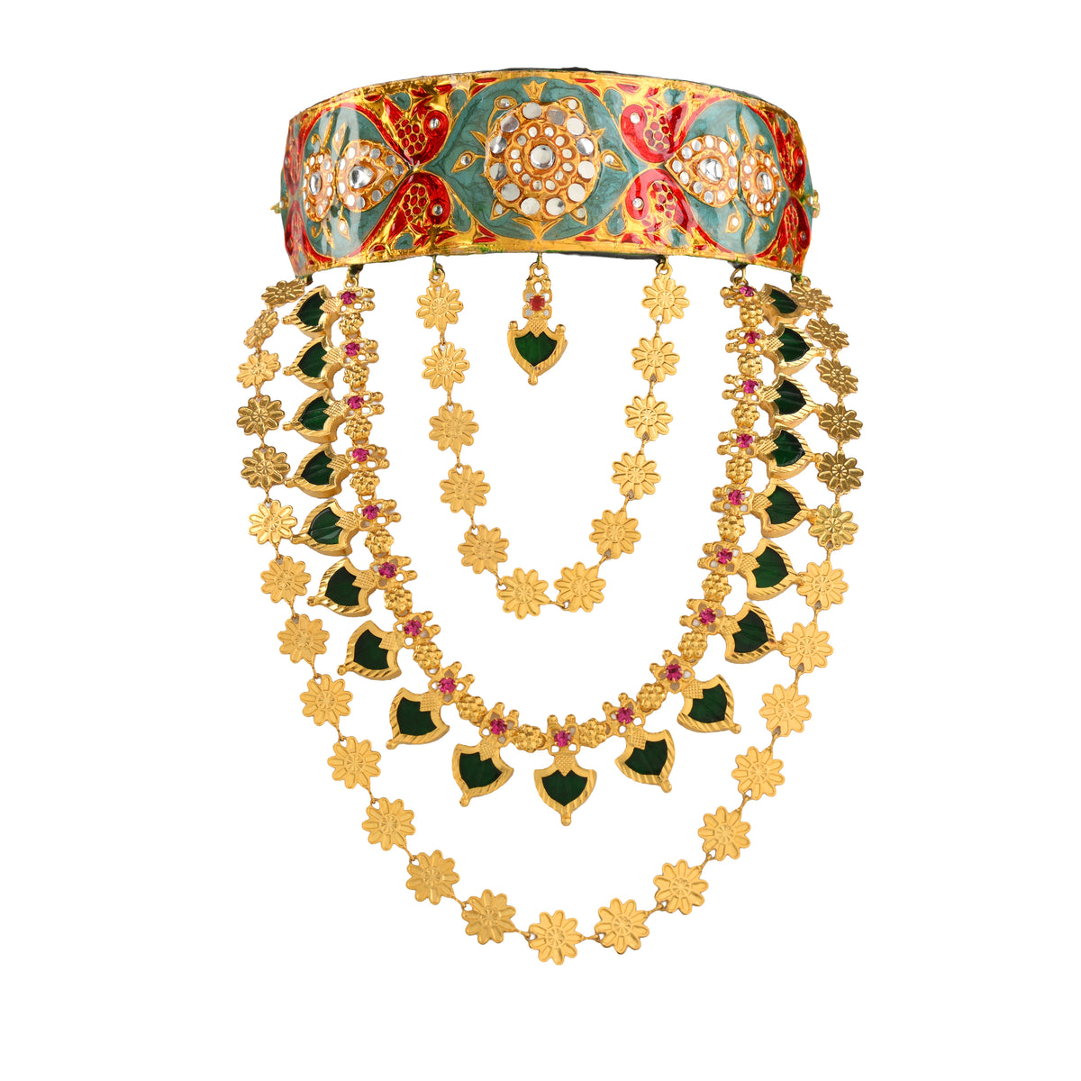 Rani Bagh Layered Choker in Sage & Ruby – meenakari kundan choker with three layered gold flower strands