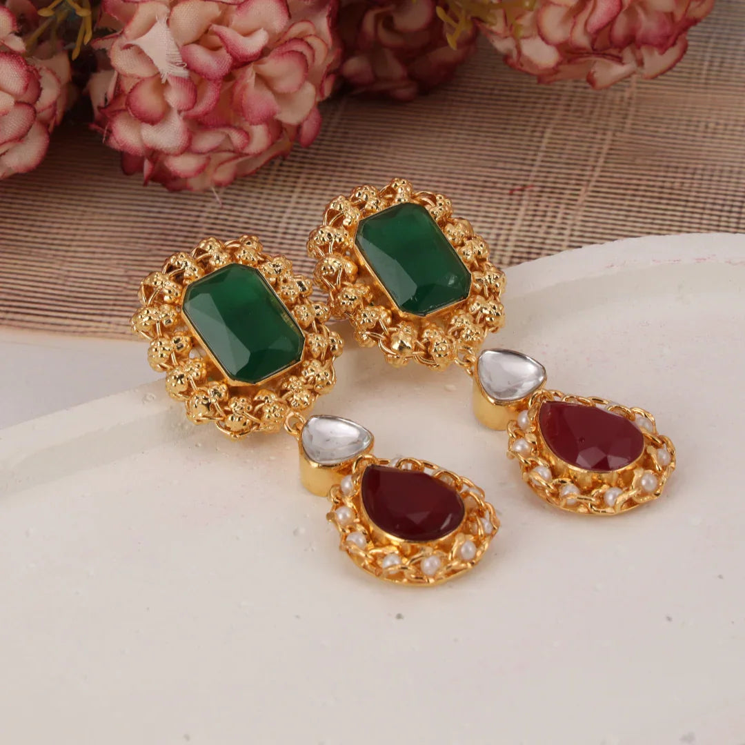 EMERALD CRIMSON ELEGANCE HANDCRAFTED EARRINGS
