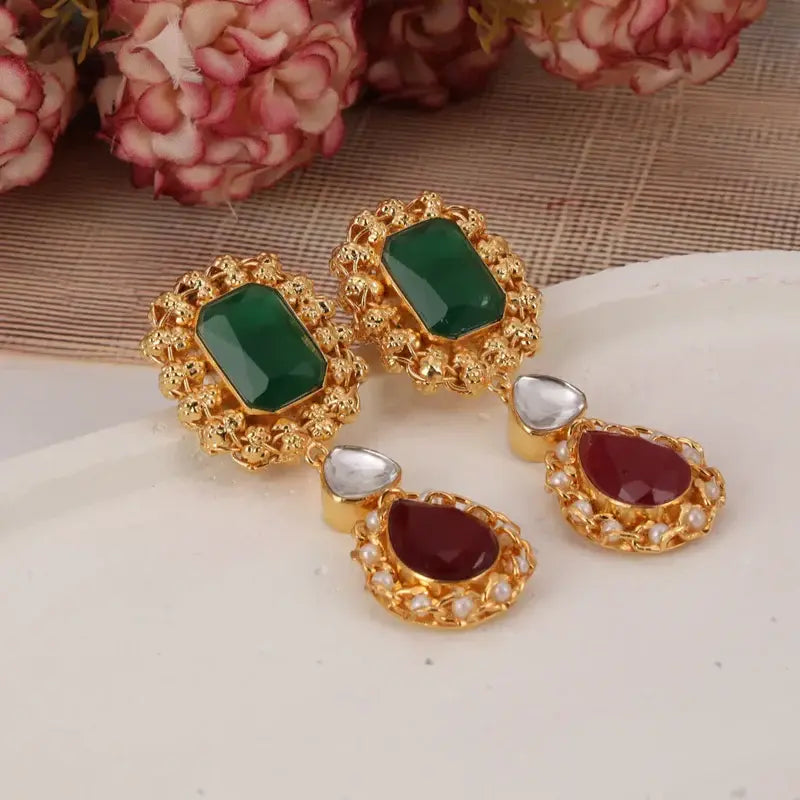 EMERALD CRIMSON ELEGANCE HANDCRAFTED EARRINGS