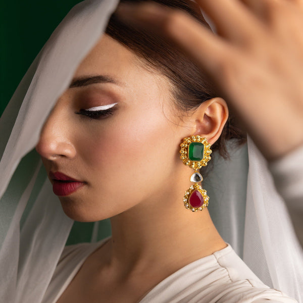 EMERALD CRIMSON ELEGANCE HANDCRAFTED EARRINGS