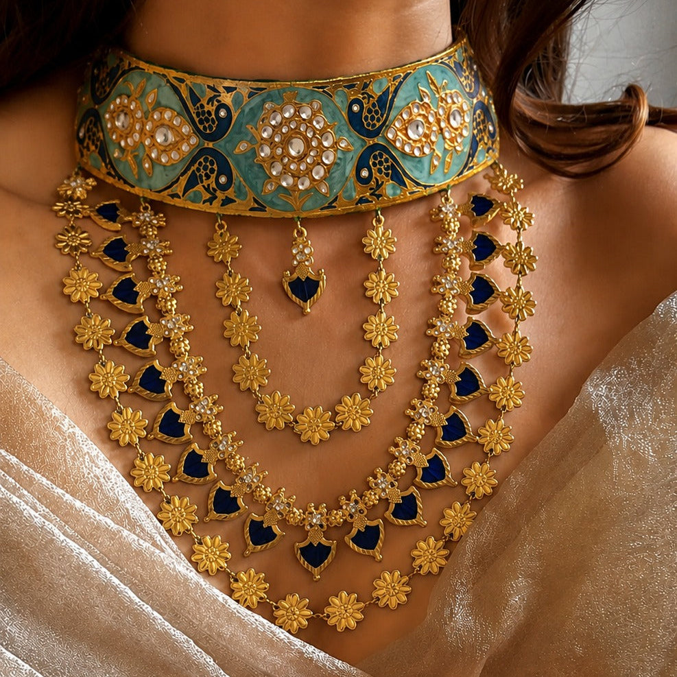 Rani Bagh Layered Choker in Peacock Blue worn with a silk saree