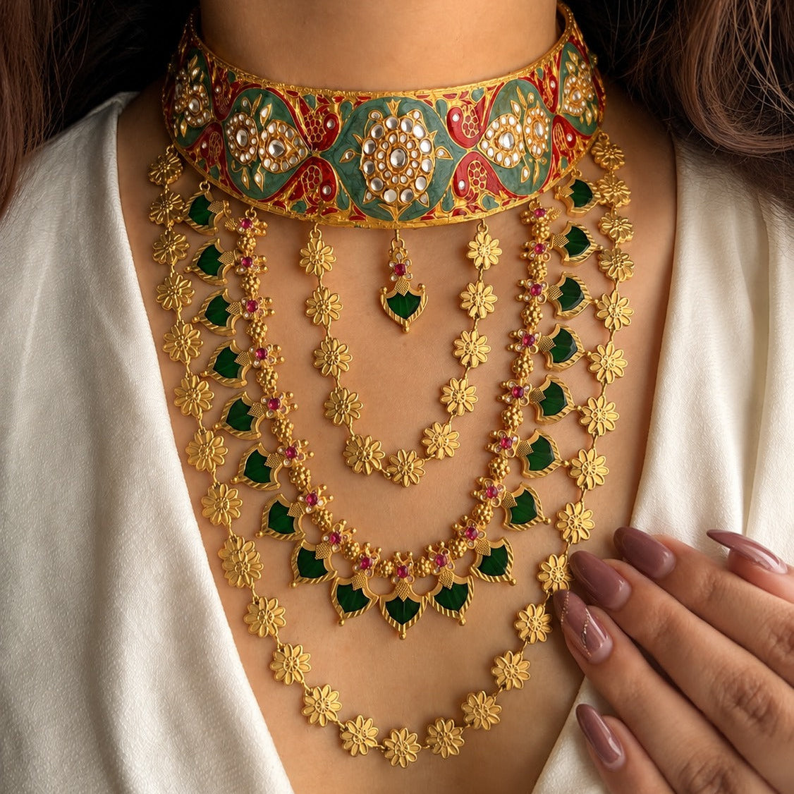Rani Bagh Layered Choker in Sage & Ruby worn with an ivory outfit