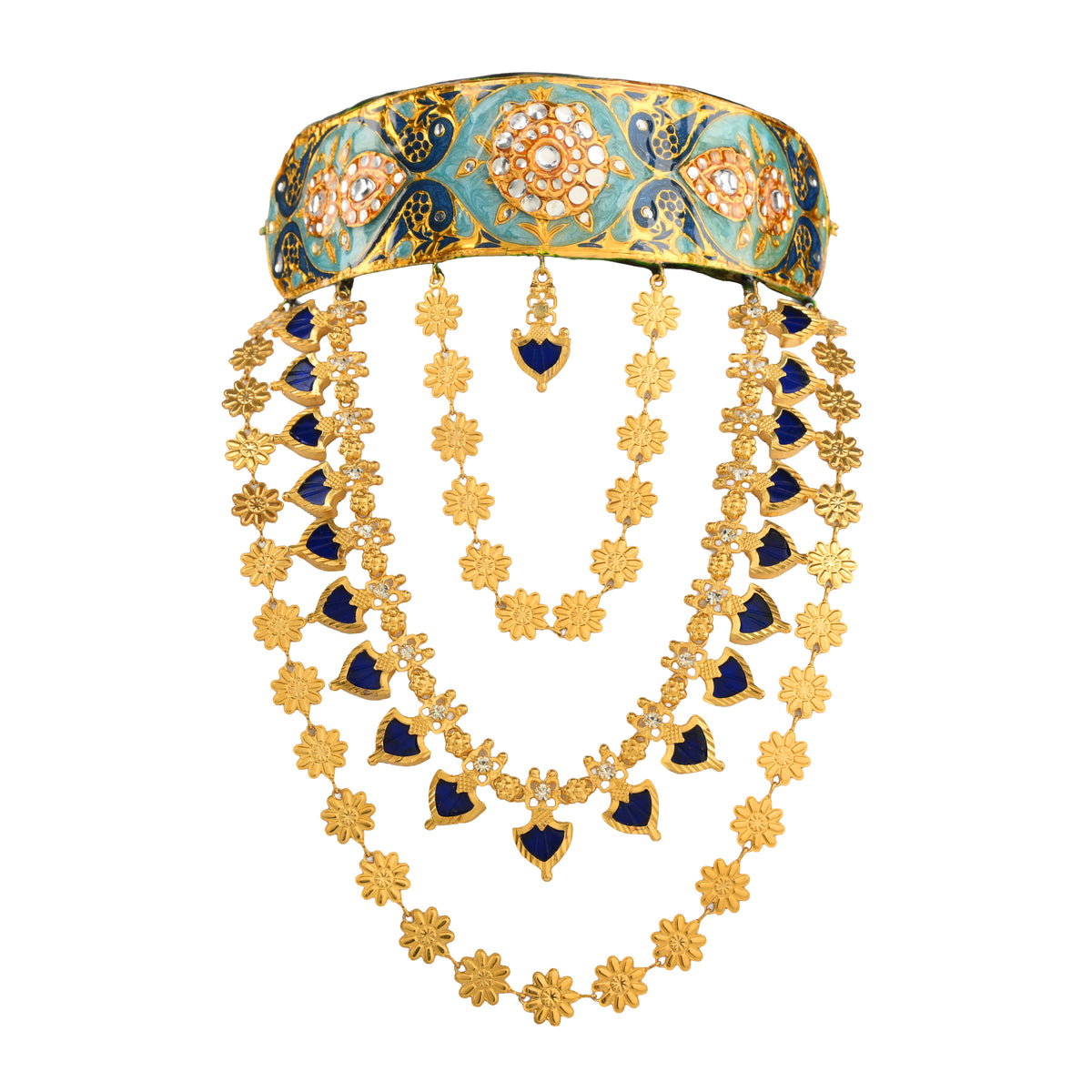 Rani Bagh Layered Choker in Peacock Blue – meenakari kundan choker with three layered gold flower strands
